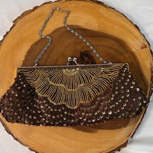 Moni Couture Clutch Purse brown and gold sequin beaded fancy bag chain‎ strap